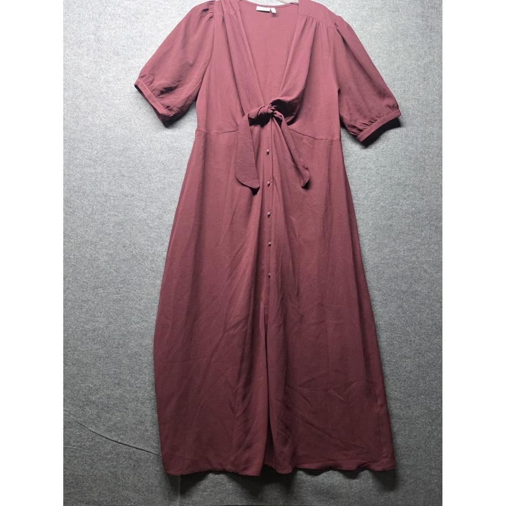 ASOS DESIGN Burgundy Midi Dress Tie Front Short Puff Sleeve UK 18 US 14